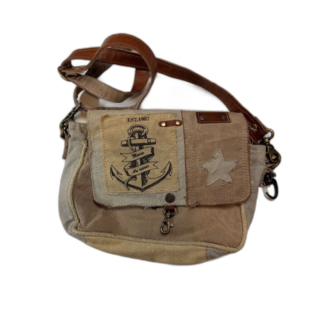 Myra Bag High Seas Canvas Crossbody Messenger Bag Boho Rustic Brown Tan Blue